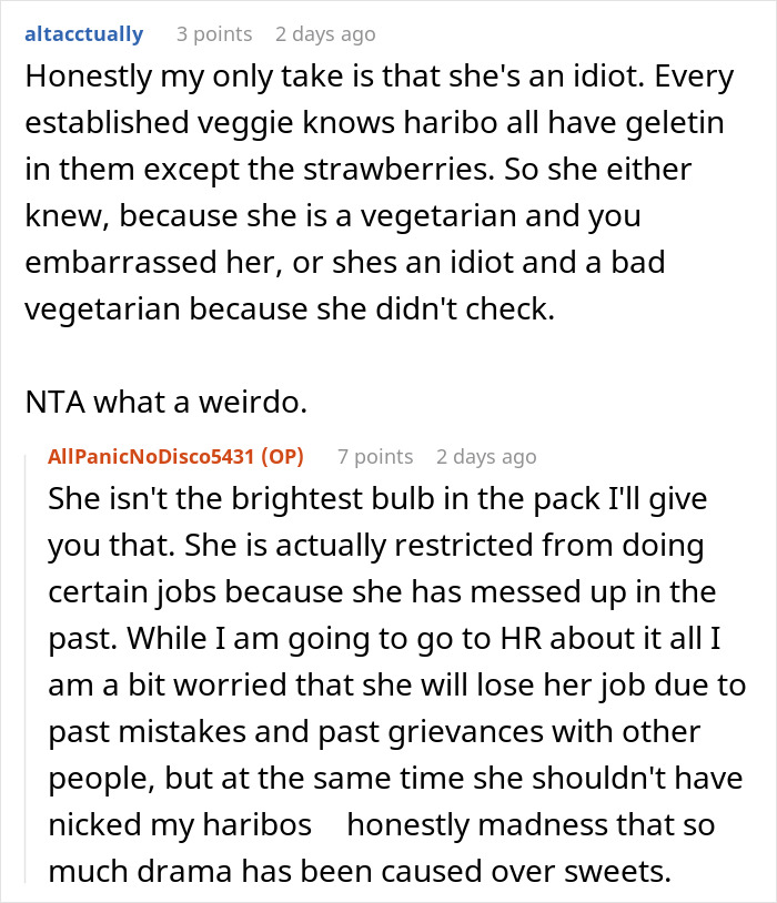 Reddit comments discussing a vegetarian food thief blaming a coworker for accidentally eating snacks with gelatin.