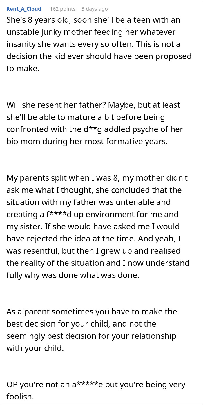 Reddit comment discussing a father's decision on adoption, emphasizing child safety and environment.