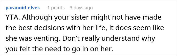Reddit comment addressing conflict between sisters about parenting decisions.