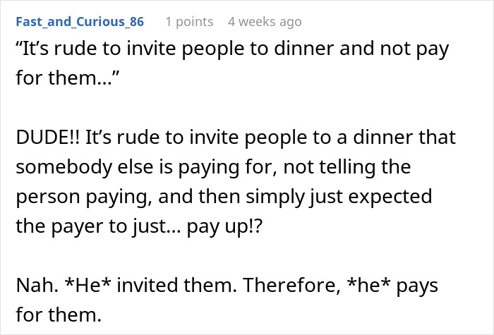 Screenshot of a comment discussing the etiquette of who should pay for a birthday dinner invitation.