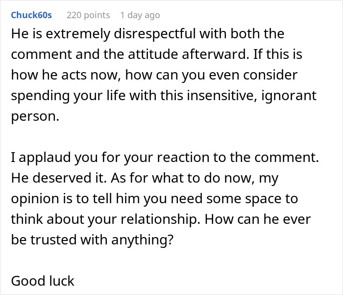 Reddit comment supporting a woman's comeback to a racist joke about her upbringing, advising reevaluation of relationship. Reddit comment supporting a woman's comeback to a racist joke about her upbringing, advising reevaluation of relationship.