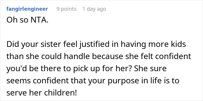 Reddit comment discussing a woman's refusal to babysit her sister's kids. Reddit comment discussing a woman's refusal to babysit her sister's kids.