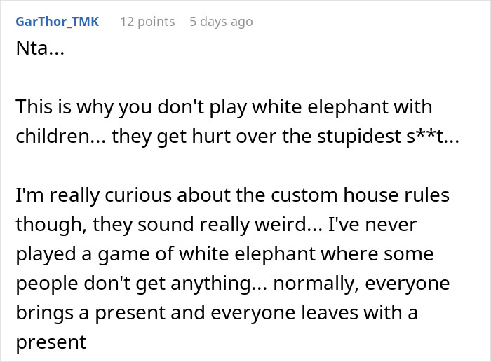 Reddit comment discussing white elephant gift rules and fairness.