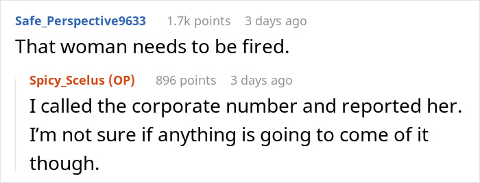 Text exchange discussing Walmart employee conduct with one commenter suggesting termination.