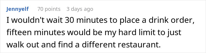 Reddit comment about waiting too long for drink orders, mentioning poor service in a restaurant experience. Reddit comment about waiting too long for drink orders, mentioning poor service in a restaurant experience.