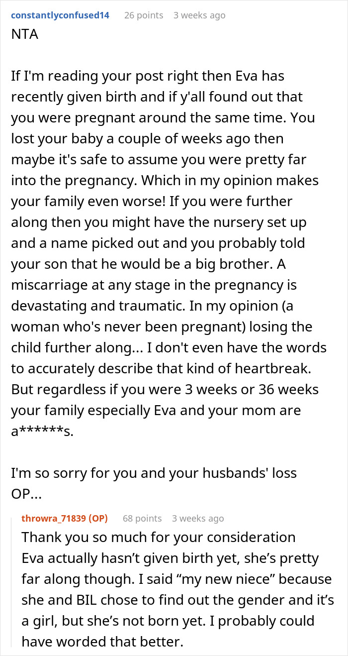 Reddit comments discussing a mean comment related to a miscarriage, causing emotional distress. Reddit comments discussing a mean comment related to a miscarriage, causing emotional distress.