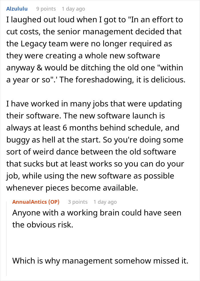 Reddit comments discussing management's software decision, causing chaos after firing the team familiar with the system.