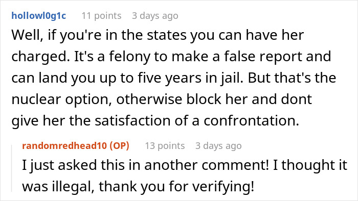 Reddit comment discussing legal consequences of false CPS reports, suggesting blocking the accuser.