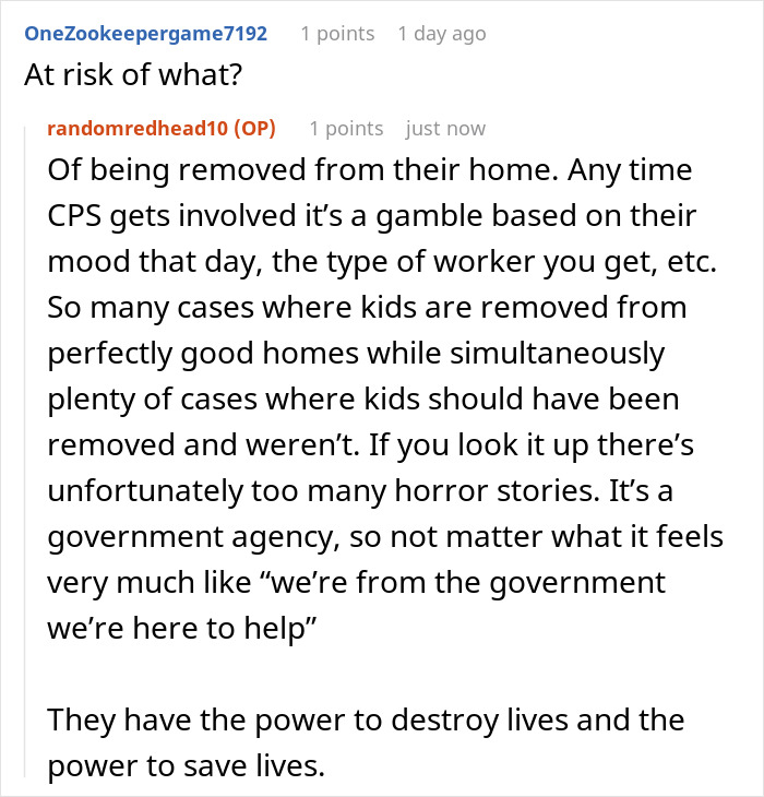 Reddit comments discussing CPS involvement and its impact on family situations.