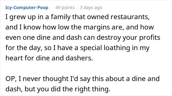 Reddit comment discussing experiences and opinions on dine and dash.