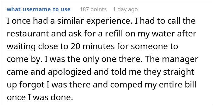 Reddit comment recounting a forgotten restaurant experience, leading to a comped bill. Reddit comment recounting a forgotten restaurant experience, leading to a comped bill.