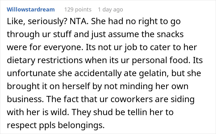 Comment discussing a situation involving vegetarian food theft and snack misunderstanding at the workplace.