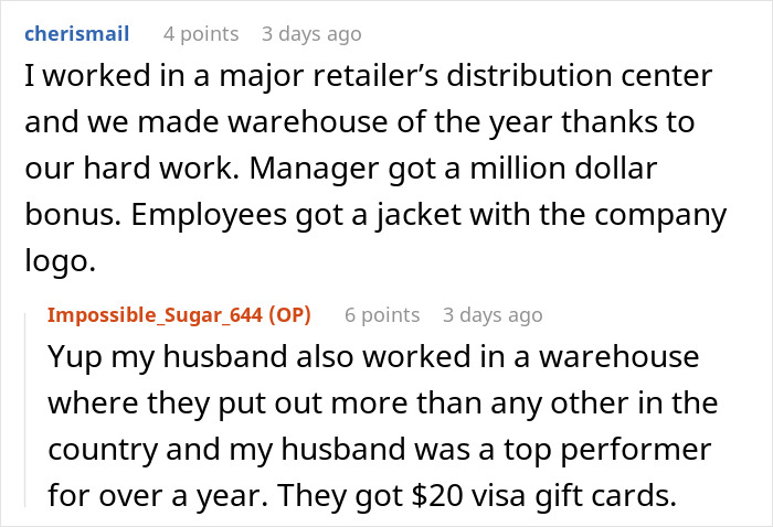 Text exchange highlights disparity in bonuses: Manager gets $11k, employee working ten-hour shifts receives a store discount. Text exchange highlights disparity in bonuses: Manager gets $11k, employee working ten-hour shifts receives a store discount.