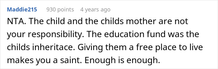 Reddit comment discussing a woman's refusal to replenish her husband's affair child's fund.