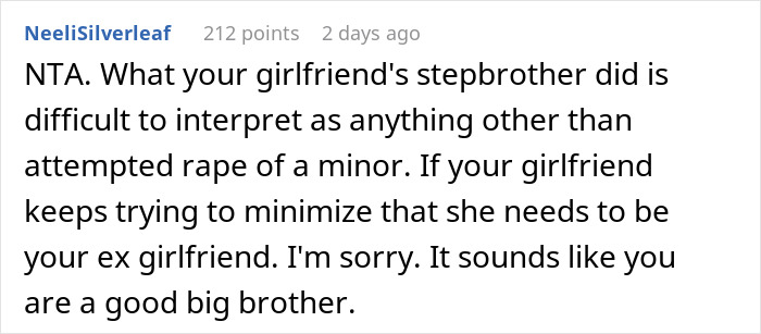 Reddit comment discussing a girlfriend's stepbrother's actions and relationship advice.