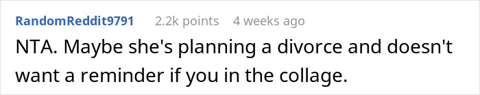 Reddit comment suggesting a wife might exclude husband from anniversary collage, hinting at marital issues. Reddit comment suggesting a wife might exclude husband from anniversary collage, hinting at marital issues.