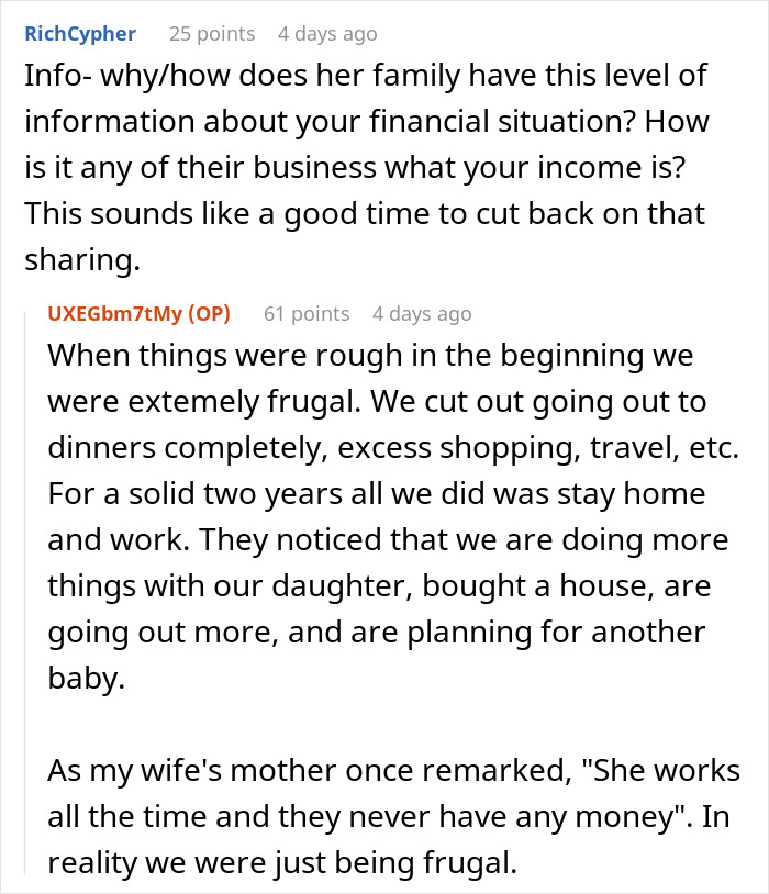Reddit thread discussing a man's frugal living and business success after being called a deadbeat by in-laws.