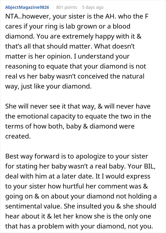 Comment discussing baby and diamond comparison in relation to a sister's dispute. Comment discussing baby and diamond comparison in relation to a sister's dispute.