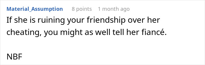 Comment on affair confession in wedding context, with advice to inform fianc&eacute;.