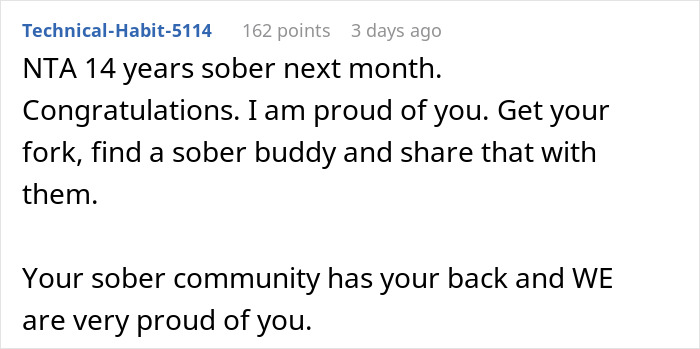 Comment supporting woman's sobriety milestone, congratulating 14 years sober next month, emphasizing community pride. Comment supporting woman's sobriety milestone, congratulating 14 years sober next month, emphasizing community pride.