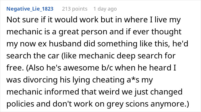 Text screenshot about a woman discussing her ex-husband's deceit and a helpful mechanic. Text screenshot about a woman discussing her ex-husband's deceit and a helpful mechanic.