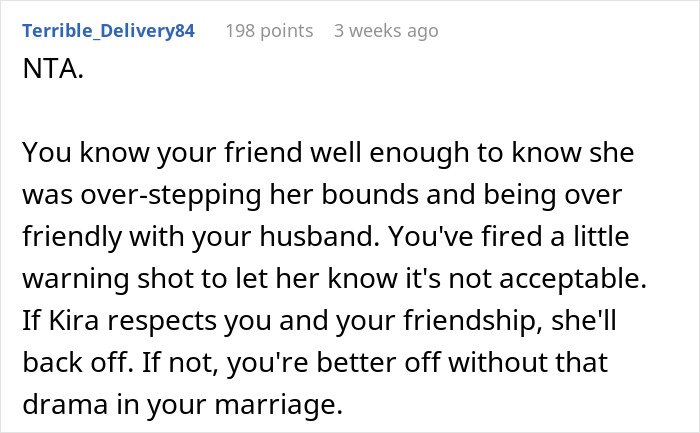 Comment advising response to friend overstepping boundaries with a husband.