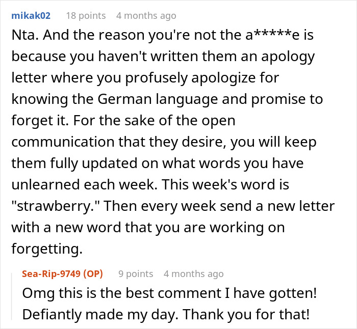 Reddit comment thread discussing a Canadian woman's reaction to in-laws' comments in German. Reddit comment thread discussing a Canadian woman's reaction to in-laws' comments in German.