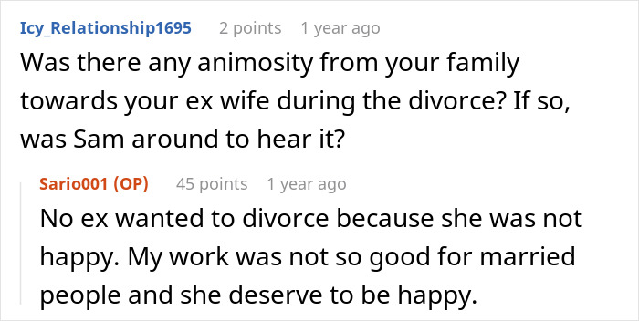 Reddit conversation about family dynamics during a divorce. Reddit conversation about family dynamics during a divorce.