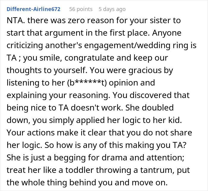 Reddit comment discussing a family argument over engagement rings and a baby's legitimacy. Reddit comment discussing a family argument over engagement rings and a baby's legitimacy.