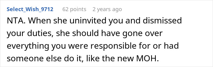 Reddit comment about handling wedding duties after bridesmaid uninvited.