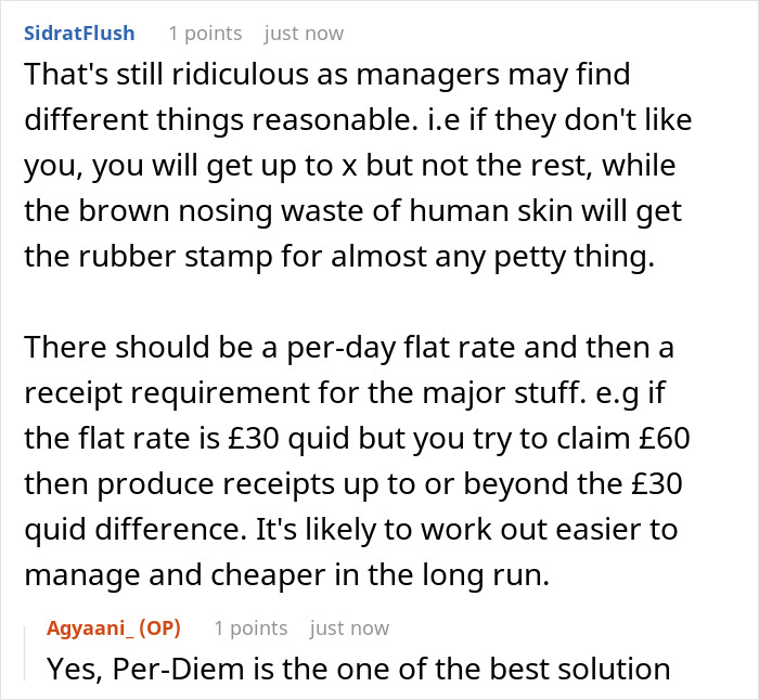 Discussion about reimbursement policy with receipt requirements and flat rate suggestions. Discussion about reimbursement policy with receipt requirements and flat rate suggestions.