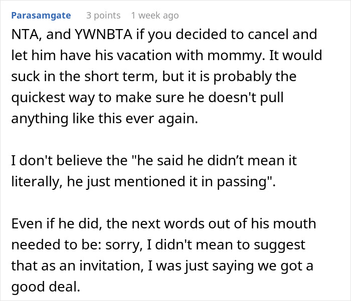 Text comment discussing MIL joining son and DIL&rsquo;s vacation unexpectedly.