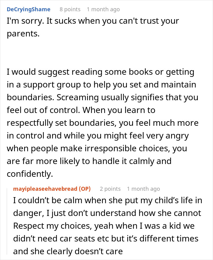 Reddit discussion about a grandma ignoring car seat use, leading to her being banned from babysitting.