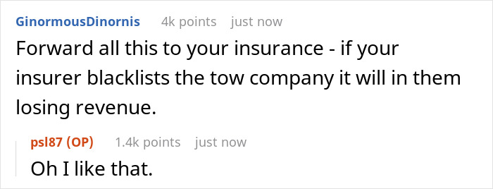 Reddit comment about dealing with a towing company threatening to dump a car, suggesting notifying insurance. Reddit comment about dealing with a towing company threatening to dump a car, suggesting notifying insurance.