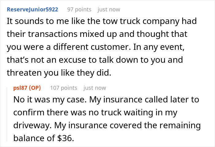 Text exchange discussing a towing company's mistake and the $36 payment issue. Text exchange discussing a towing company's mistake and the $36 payment issue.