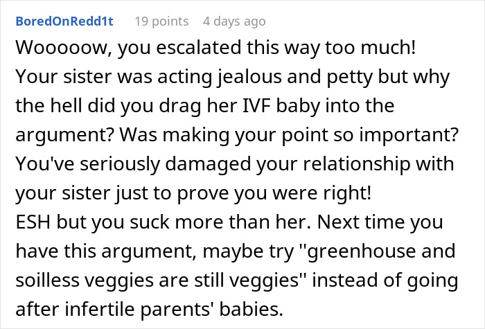Reddit comment discussing an argument about IVF and family relationships. Reddit comment discussing an argument about IVF and family relationships.