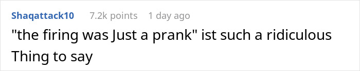Comment screenshot about firing being a prank, highlighting boss's mistake and panic.