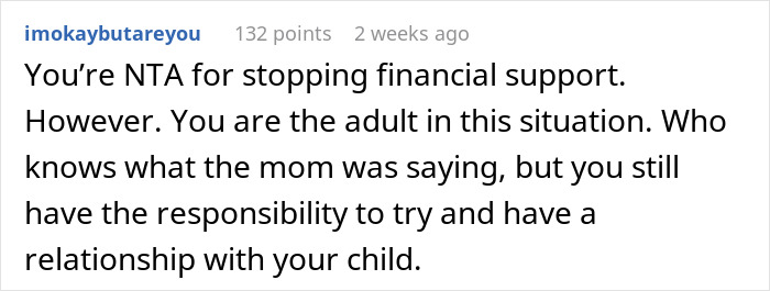 Reddit comment discussing financial support and parental responsibility.