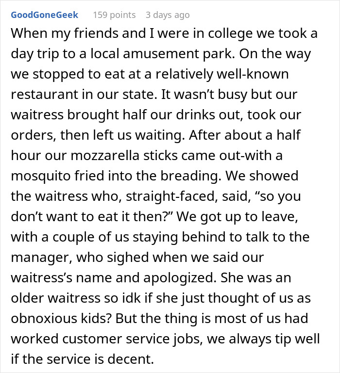 Text recounting a long wait to be served at a restaurant, leading to dissatisfaction with the experience.