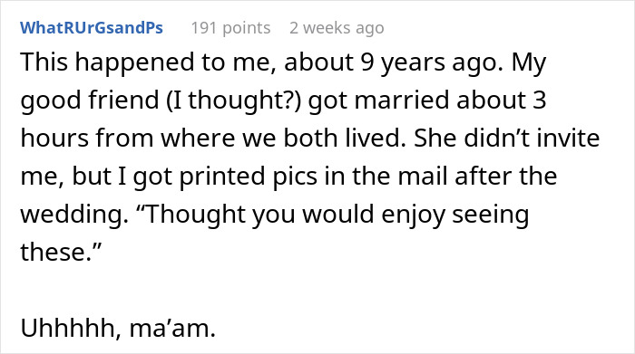 Text exchange about expecting to be a bridesmaid but not invited to the wedding, leading to unexpected photos.