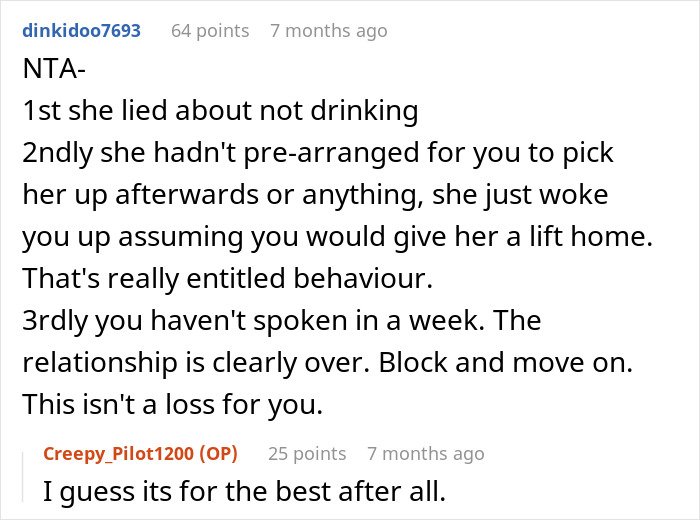 Text of an online discussion about refusing to be a personal Uber for a drunk girlfriend. Text of an online discussion about refusing to be a personal Uber for a drunk girlfriend.
