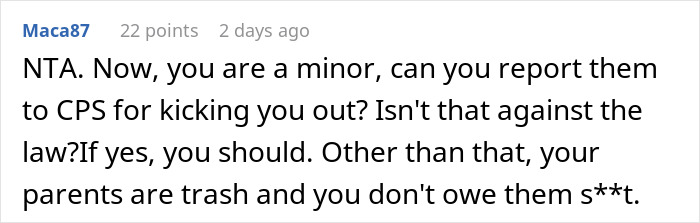 Reddit comment discussing refusal to help parents after being told not living with them anymore.