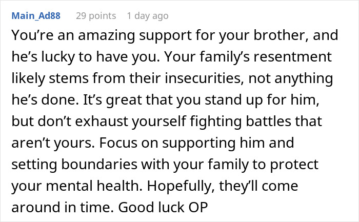 Comment discussing family resentment over brother dating someone wealthier.