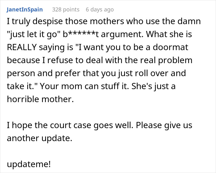 Text comments expressing support for a court case over a family heirloom dispute.