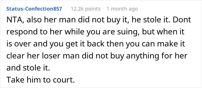 Reddit comment discussing a family feud over a stolen heirloom and urging to take legal action.