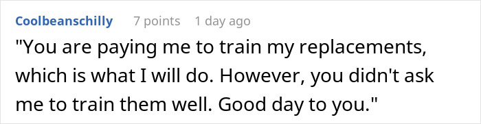 Text showing a boss's panic after firing a key employee, quoting a witty response about training replacements.