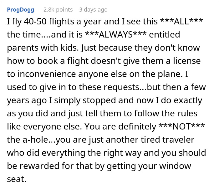 Text post about flights and refusing entitled parents' requests on planes. Text post about flights and refusing entitled parents' requests on planes.