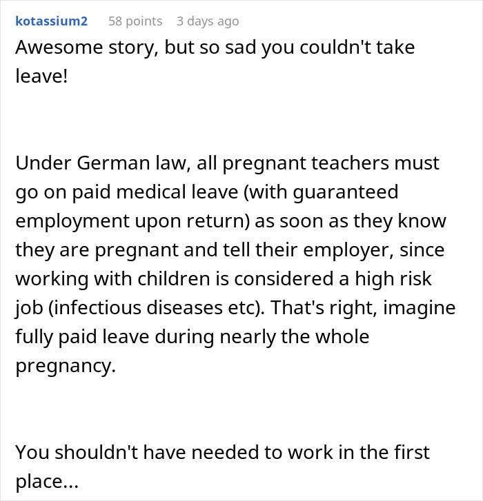 Online comment discussing German law on medical leave for pregnant teachers in high-risk jobs. Online comment discussing German law on medical leave for pregnant teachers in high-risk jobs.