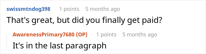 Text exchange about payment and revenge spanning eight years.