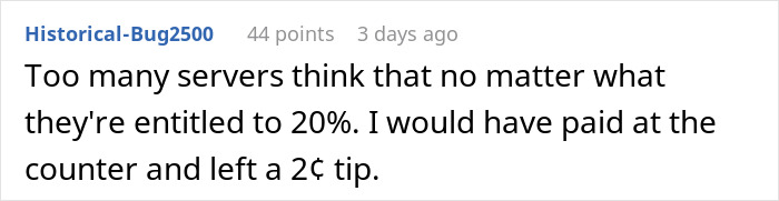 Reddit comment about servers expecting a 20% tip and leaving a 2-cent tip.
